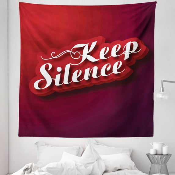 Saying Tapestry, Keep Silence Typographic Phrase Hand Writing Inscription Print, Fabric Wall Hanging Decor for Bedroom Living Room Dorm, 5 Sizes, Red Maroon and White, by Ambesonne