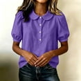 thumbnail image 2 of KICILVS Peter Pan Collar Shirt Women Solid Color Button Up Blouses Dressy Casual Puff Short Sleeve Boho Tops Holiday Outfits, 2 of 7