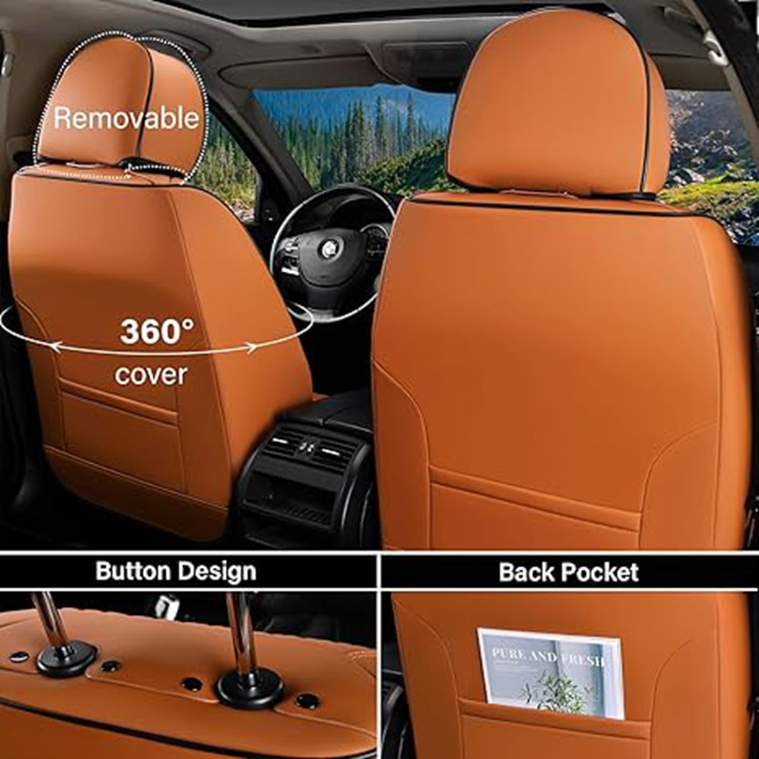 Coverado Car Seat Covers Full Set, Breathable Faux Leather Seat Protectors, Comfortable&Durable, Auto Cushion Universal Fit for Most Cars, Black&Brown