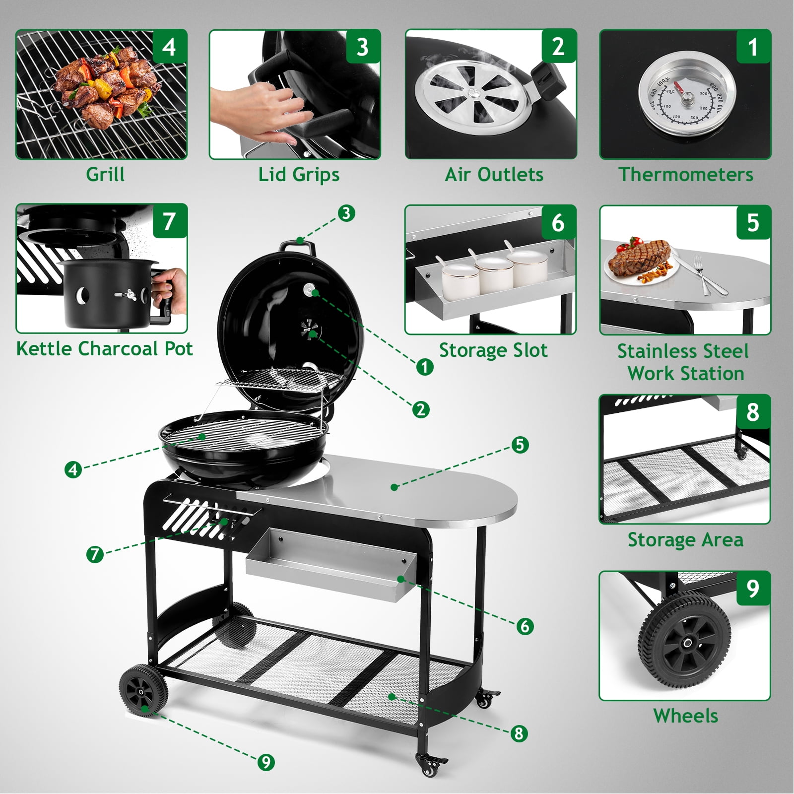 Ktaxon Charcoal Grill Portable Outdoor Camping BBQ Oven with Wheels,Black