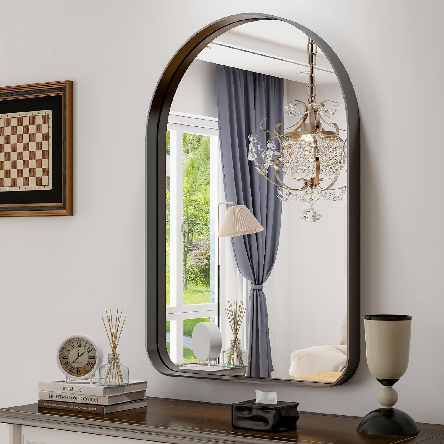 Mirrasia 36"x 24"Arched Bathroom Mirror Wall Mounted Deep Frame,Black