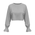thumbnail image 5 of hoksml Women's Crew Neck Ruffle Cuff Long Sleeve Cropped Sweatshirt Loose Casual Pullover Street Top, 5 of 6