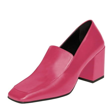 YDN Women Classic Chunky Block Mid Heel Pumps Square Closed Toe Loafers Slip On Daily Walking Dressy Ladies Shoes Size 13 Pink