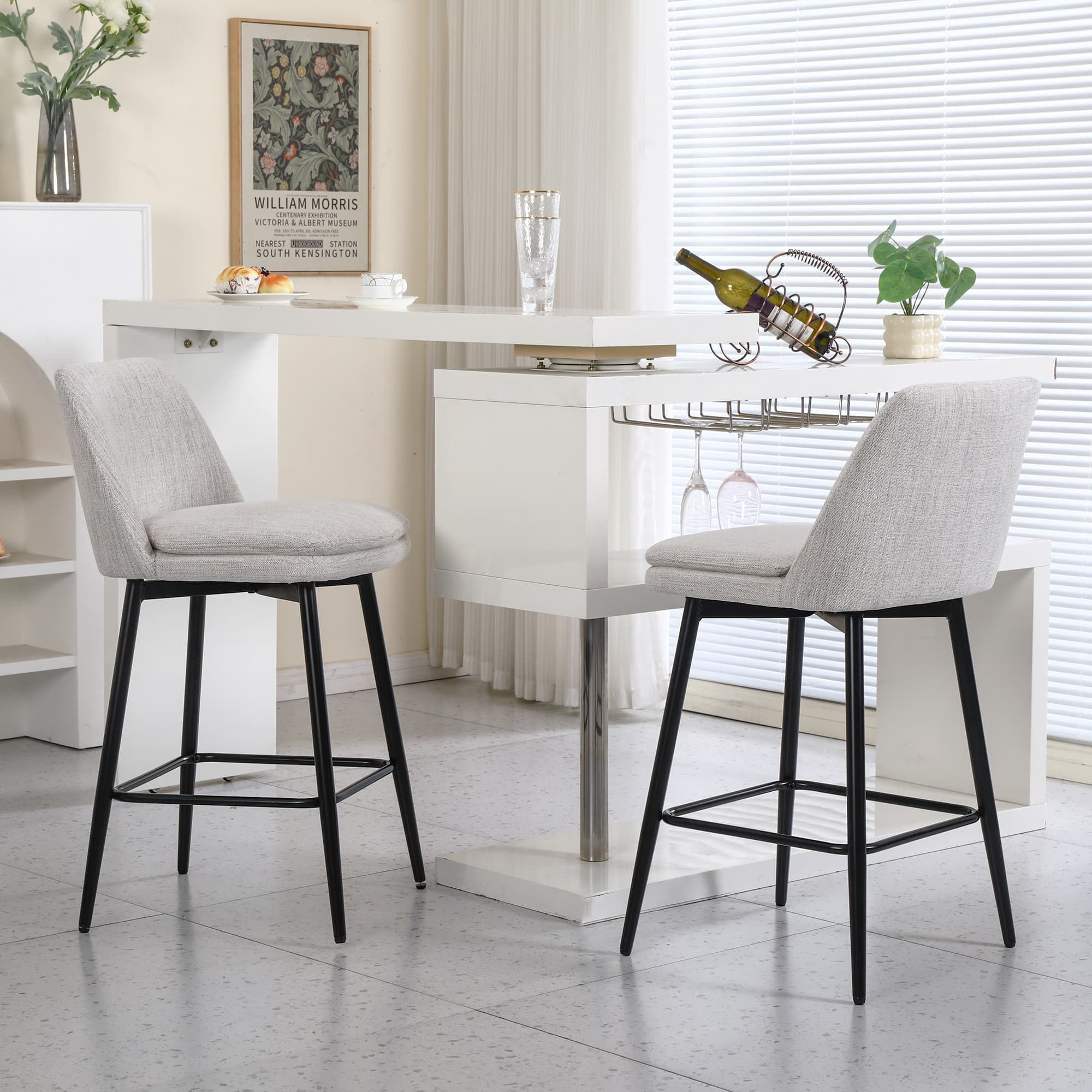 MAYEERTY Counter Height Swivel Bar Stools Set of 2 360° Swivel Upholstered 25.6 Seat Height Linen Cloth Off White Linen Kitchen Island Pub