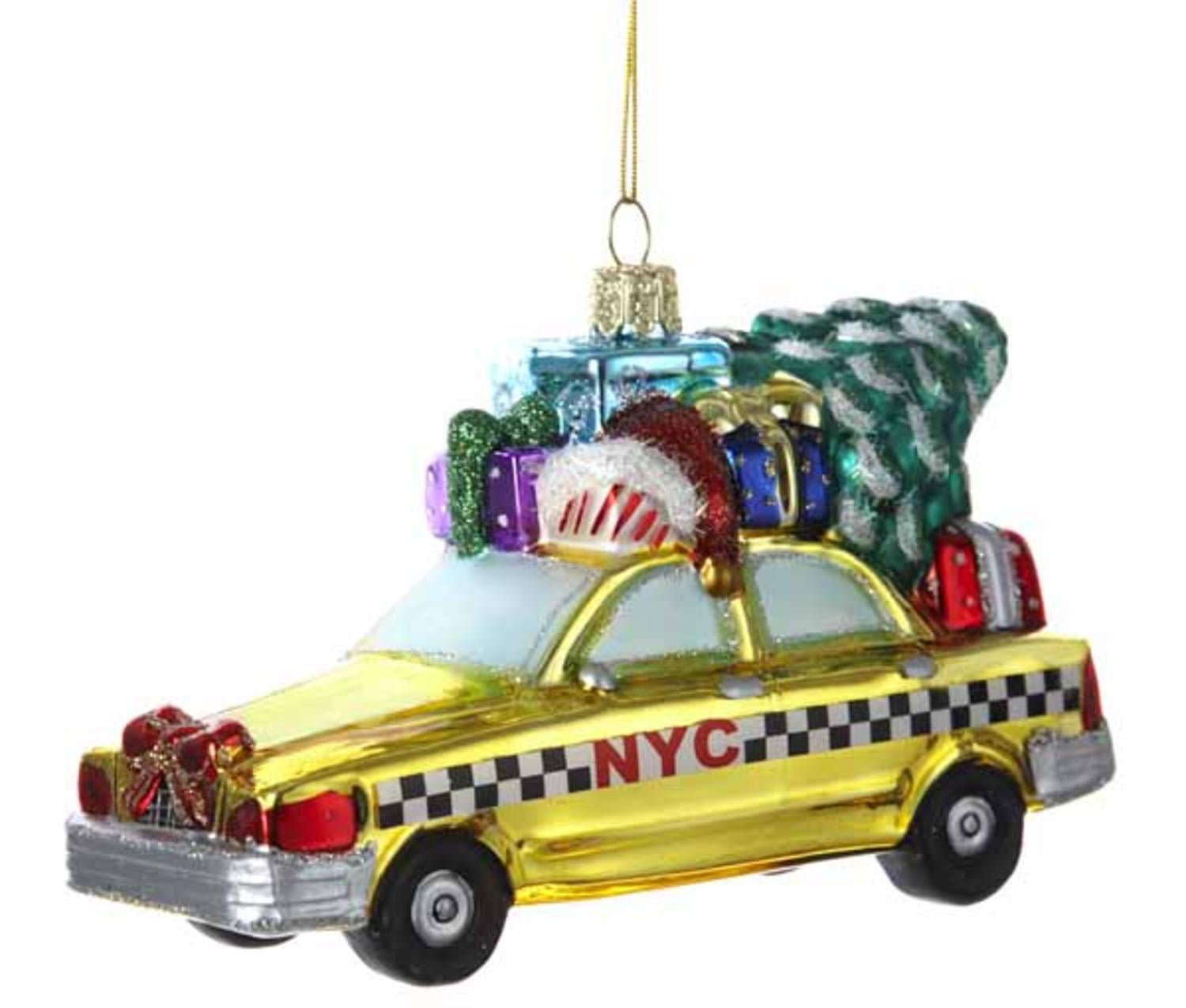 5.25" Checkered New York City Taxi Cab Glass Christmas Ornament