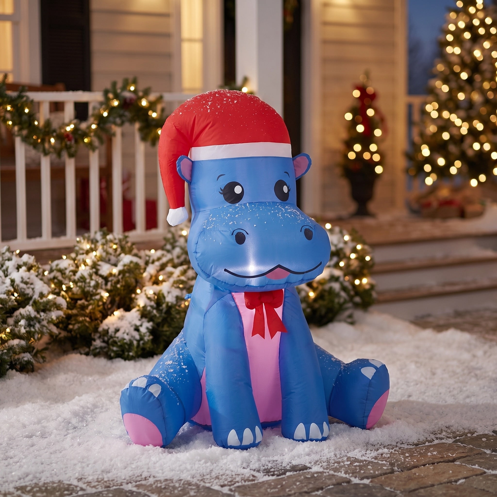 Blue and Pink Hippo Christmas Airblown Yard Inflatable, 3.5', by Holiday Time