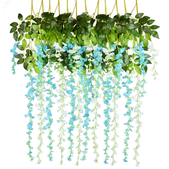 12Pack Artificial Wisteria Vine Garland, 3.6 ft/Piece Hanging Wisteria Garland Silk Flowers String for Home Party Garden Wedding Decor,Blue&white