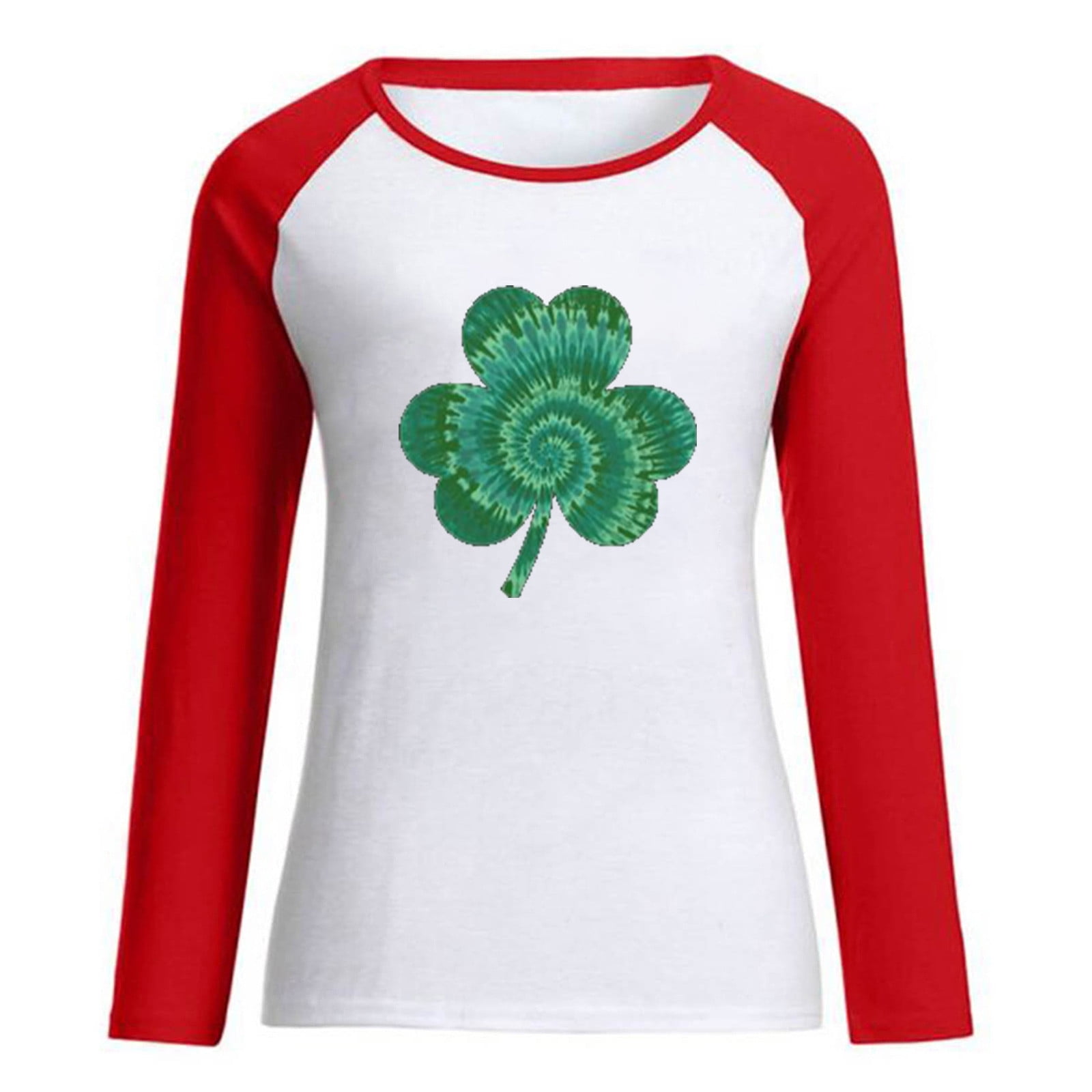 BONIXOOM Womens Pajamas Fashion Women's Spring Patchwork St. Patrick's Day Printed Long Sleeves Round Neck Casual Tee Tops Workout Tops For Women Red S