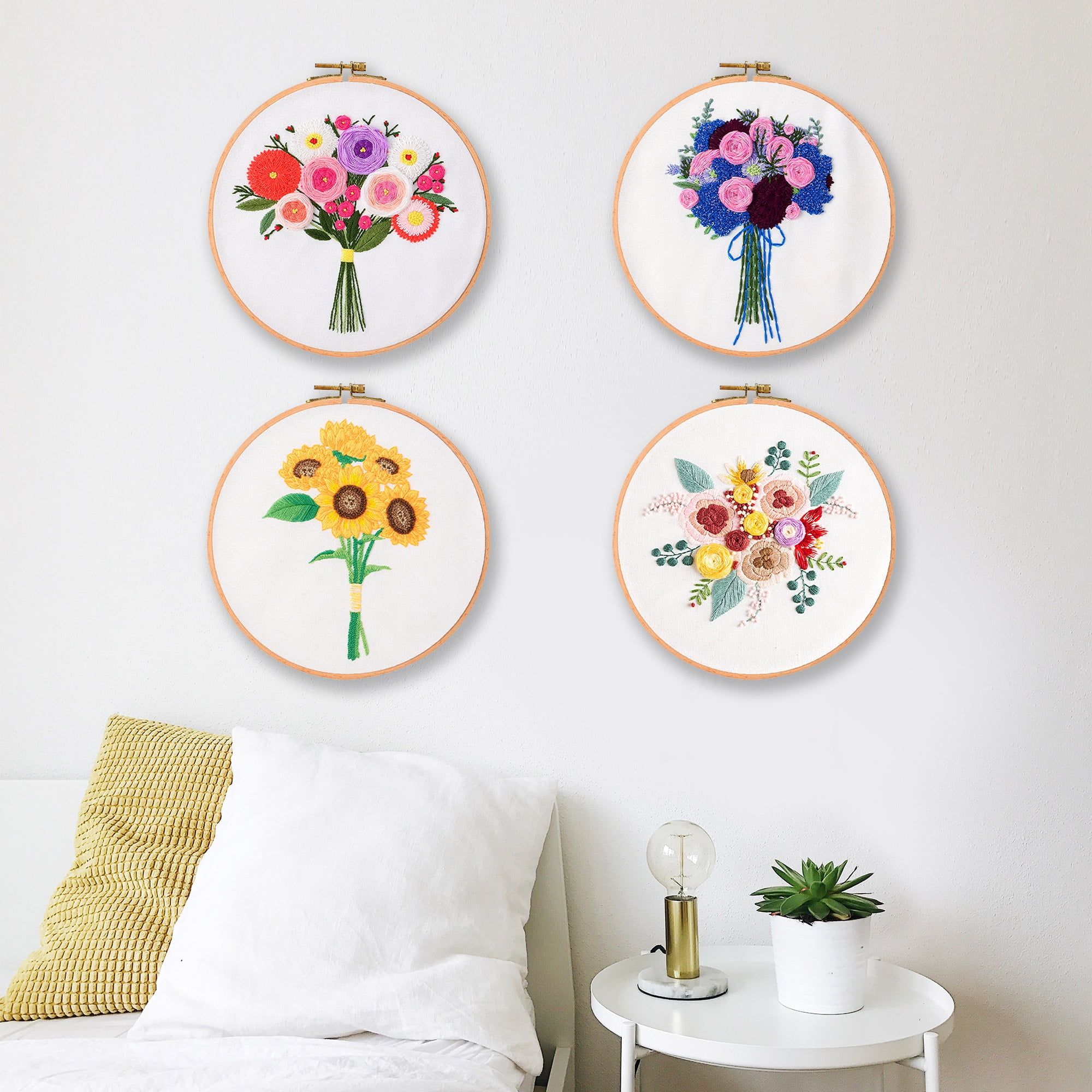 Blingpainting Embroidery Kit for Beginners with Flower Pattern, Cross Stitch kit,4pcs Embroidery Starter Kits Including Embroidery Hoop,Cloth and Color Threads