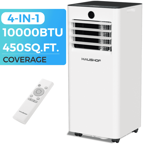 HAUSHOF 10,000 BTU ASHRAE (6,000 BTU DOE) Portable Air Conditioner for Rooms up to 450 Sq.Ft, 4-in-1 Portable AC Unit with Cool, Fan, Dry & Sleep Modes, Remote Control, Window Kit Included, White