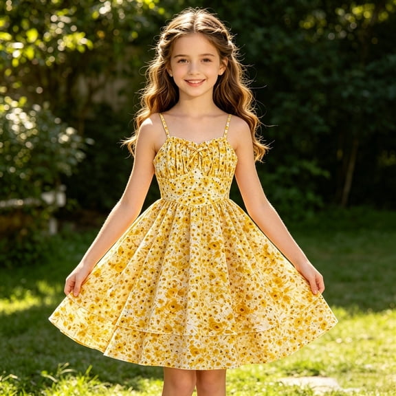 Girls Summer Print Dresses Flowy Spaghetti Strap Bow Ruched Waist Casual A-Line Sundress Yellow 9-10 Years