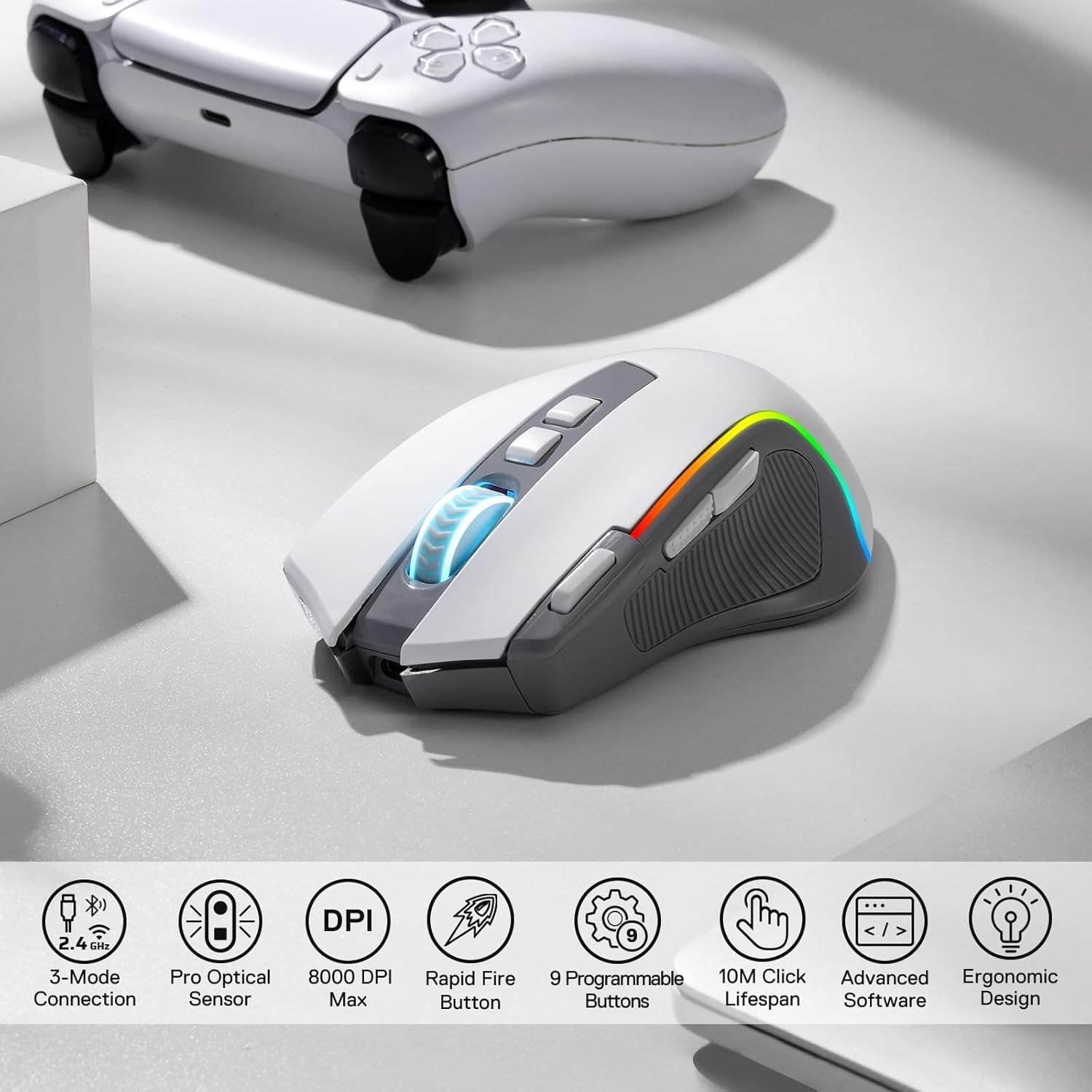 Redragon M612 PRO RGB Gaming Mouse, 8000 DPI BT Wired/Wireless Optical Gamer Mouse 9 Programmable Buttons & 7 Backlit Modes,Software Supports DIY Keybinds Rapid Fire Button,Gray