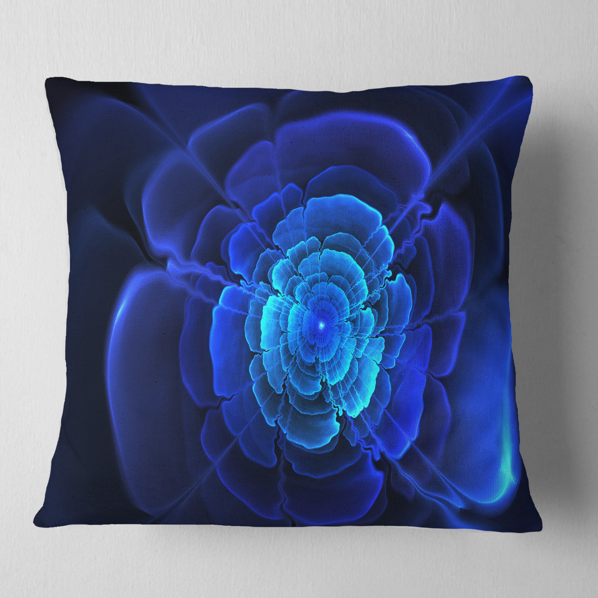 Designart Bright Blue Fractal Flower in Dark - Floral Throw Pillow - 18x18