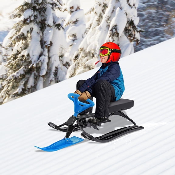 Kids Snow Racer Sled with Steering Wheel & Double Brakes Pull Rope Snow Slider
