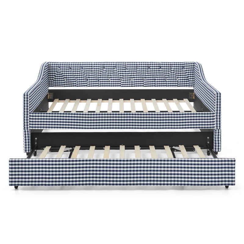 Full Size Daybed with Pop Up Trundle, Gingham Upholstered Daybed Frame with Tufted Button Backrest and Side Storage Pocket, Modern Sofa Bed for Living Room Bedroom