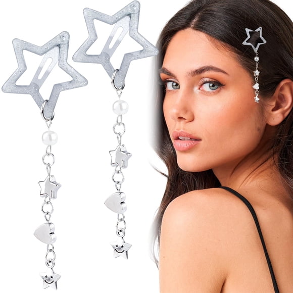 Pndeyo 2 pinzas para el pelo con borlas de estrella para mujer, antideslizantes, años 2000, Y2k, pasadores para el pelo con cuentas de estrella, accesorios para trenzas, pelo largo, corto, fino y grue