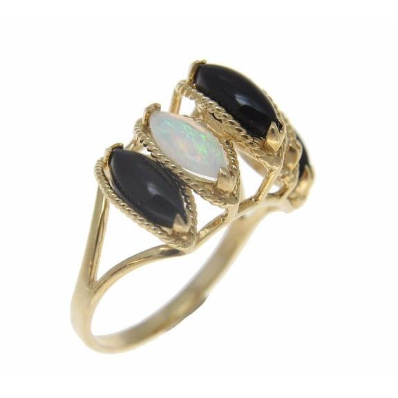 14K solid yellow gold genuine natural marquise black coral Australian opal ring