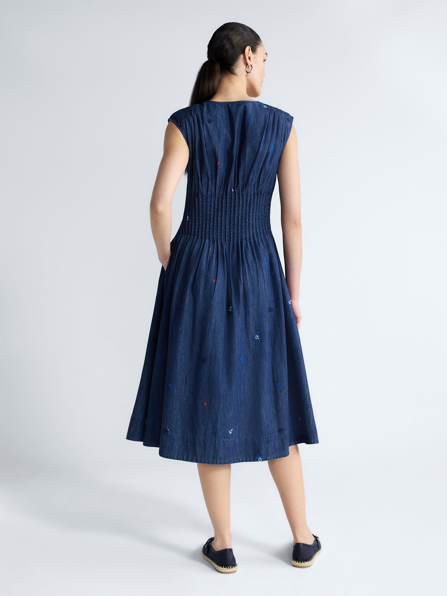 Free Assembly Women's Sleeveless Embroidered Denim V-Neck Midi Dress, Sizes XS-4X