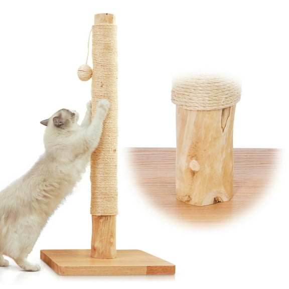 Premium 35" Cat Scratching Post – Natural Pear Wood, Sisal Rope, Rubber Wood Base with Oak Skin, Ideal for Large Cats, Free Rope Replacement