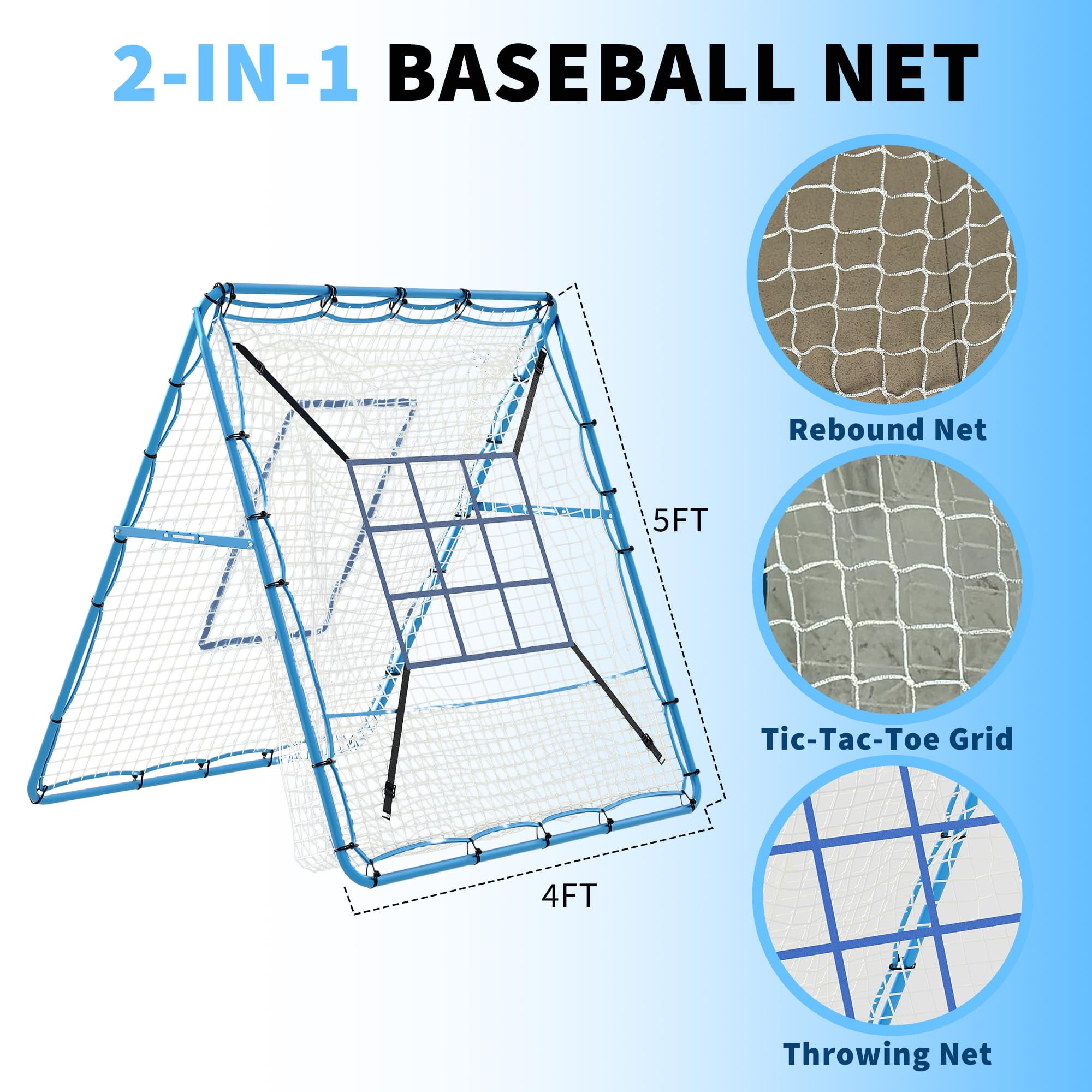 Baseball Rebounder Net, 4x4.5FT 5 Adjustable Angles Baseball Bounce Back Net with UV Resistant, Pitchback Trainer for Ground, Line Drive & Fly Balls
