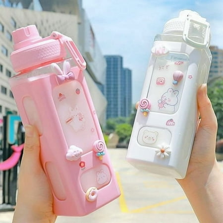 

KOK-Large Kawaii Water Bottle with Straw and 3D Stickers Cute Aesthetic Bottle Kawaii Milk Bottle Tea Cup Juice Shaker Portable Silicone (700ml/24oz White)-0516