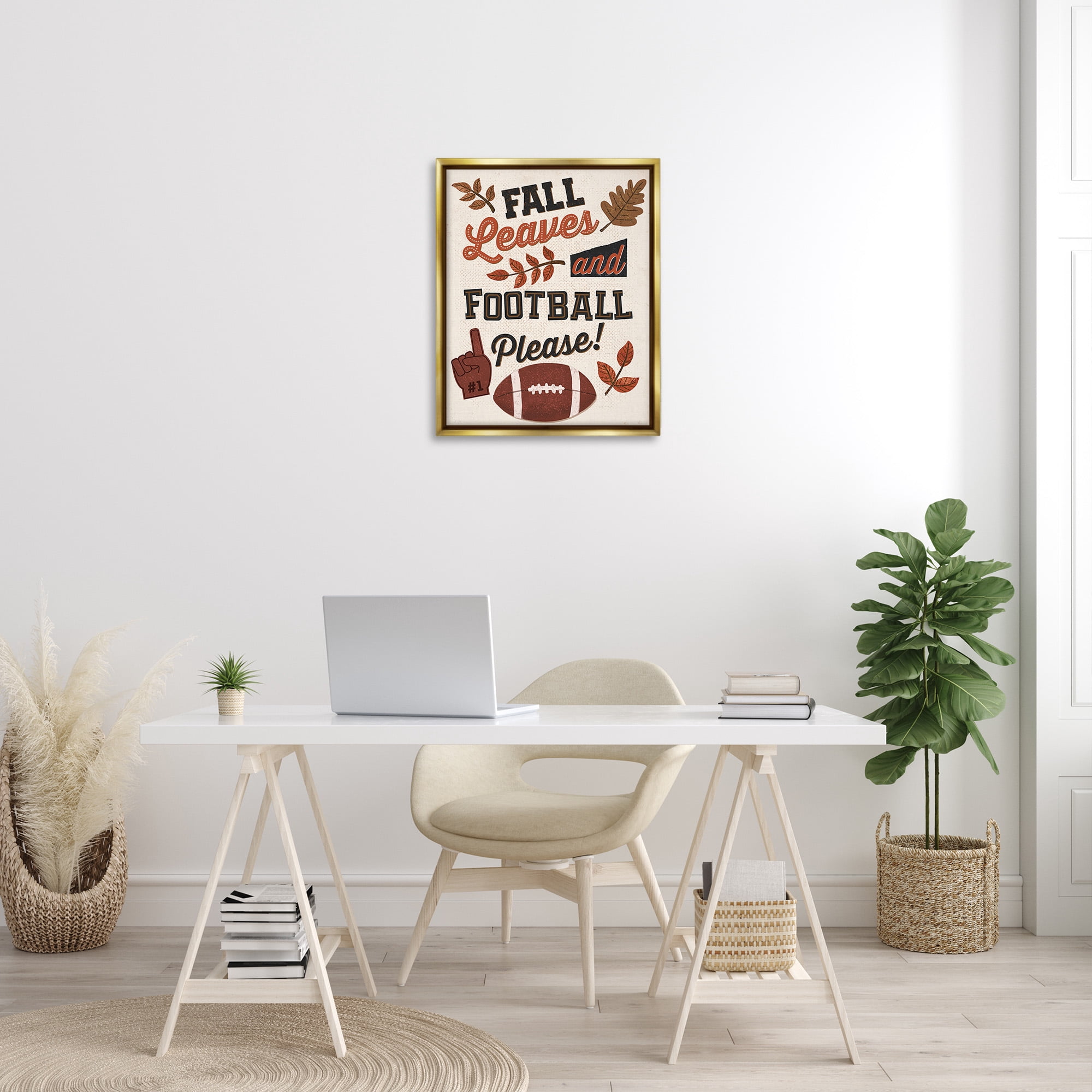 Stupell Industries Fall Leaves & Football Sports Painting Gold Floater Framed Canvas Art Print Wall Art, 25 x 31