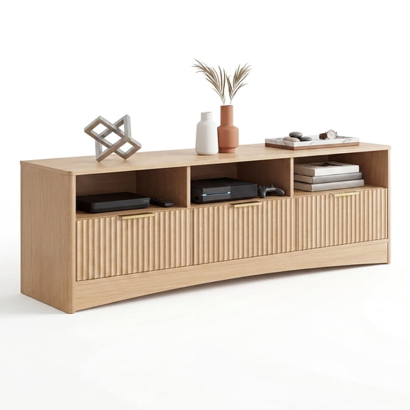 59 Inch Fluted TV Stand for 65 Inch TVs with 3 Drawers, Modern Natural Oak Entertainment Center with Open Shelves, Wood Media Console for Living Room Bedroom