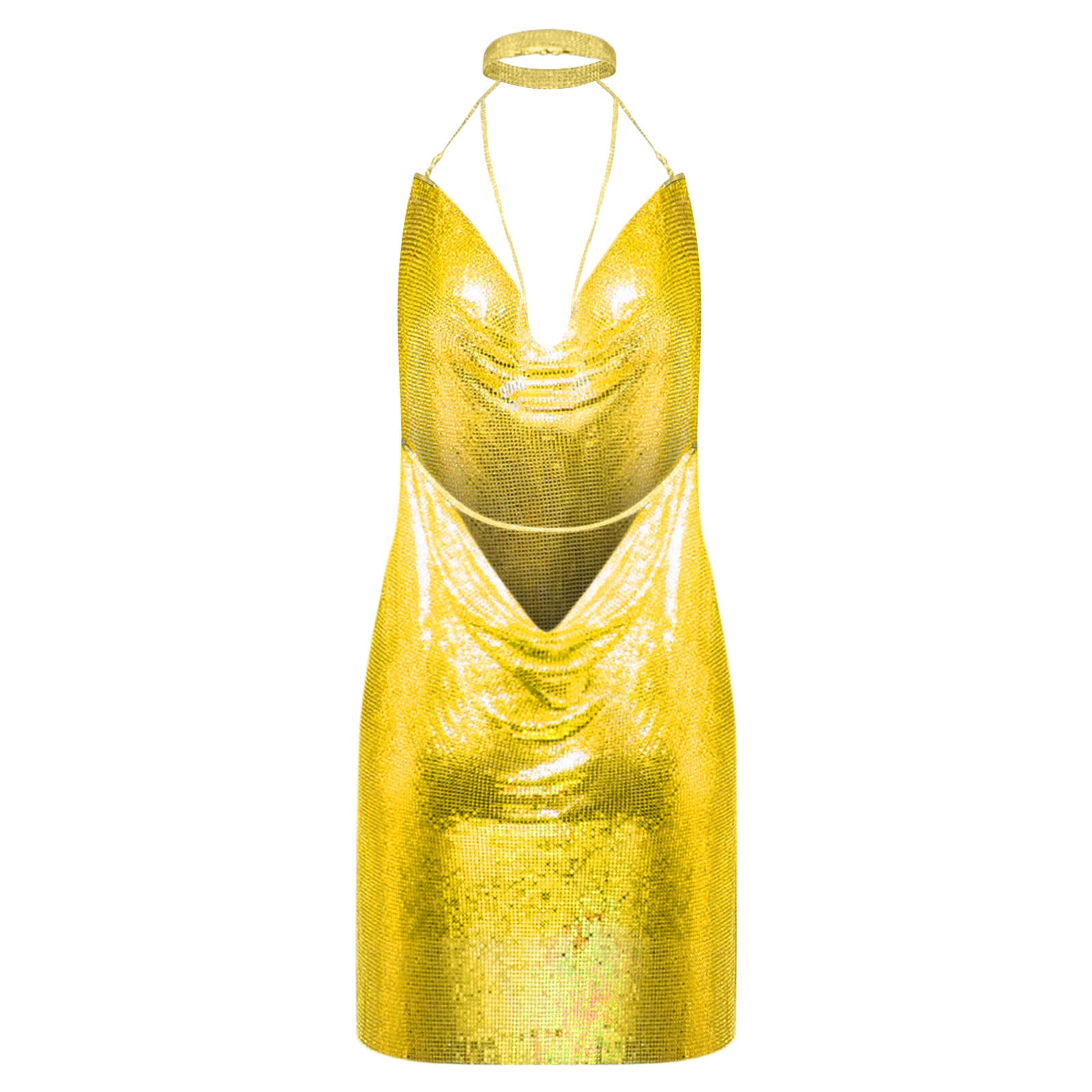 Women Sexy Halter Mini Dress Y2K Low Cut Mini Dress Sleeveless Cowl Neck  Spaghetti Strap See Through Metal Chain Halter Sequin Glitter Sparkle Dance  Costume Festival Club Cover Up Ladies - Walmart.com