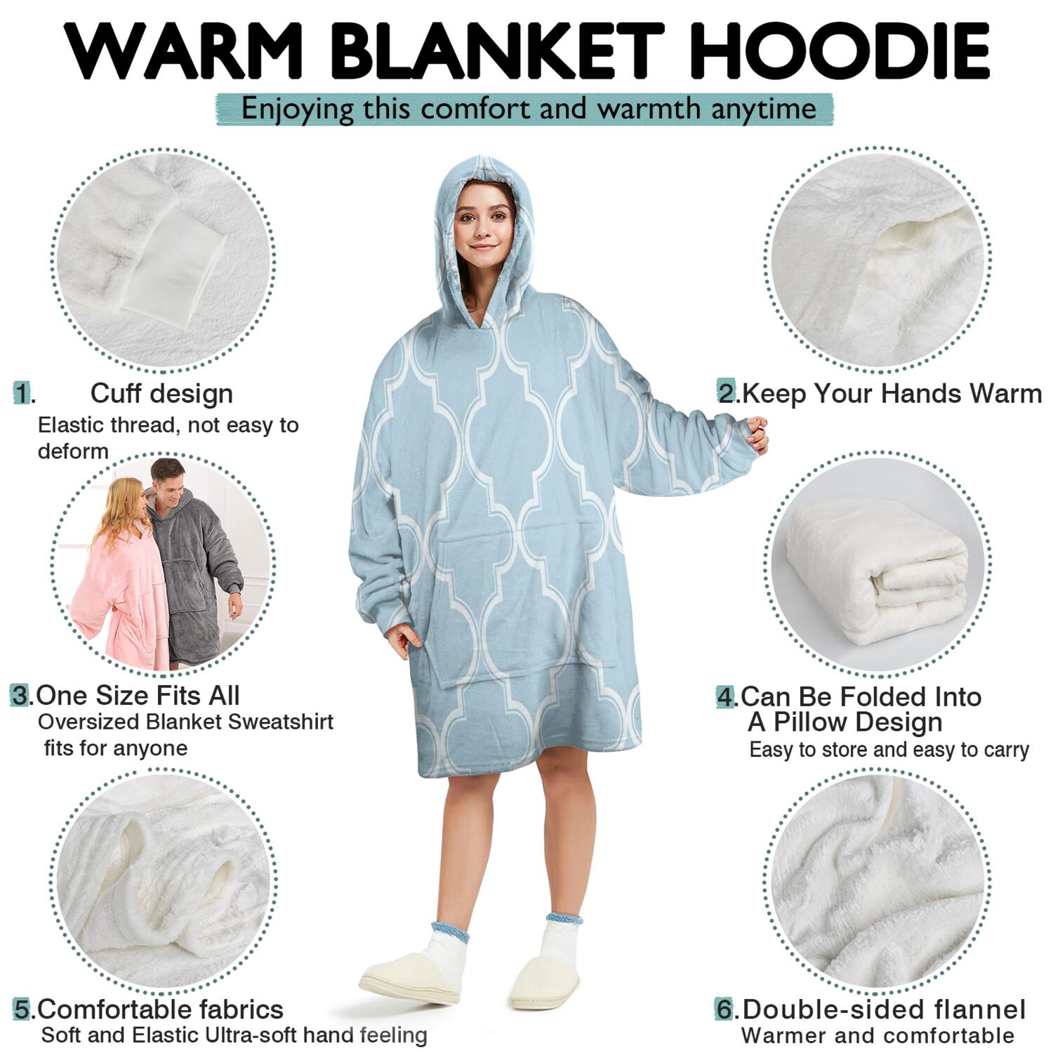 Wearable Oversized Blanket,Light Blue Geometric Quatrefoil Pattern Wearable Blanket Hoodie for Adults,Cozy Hooded Blankets with Super Pockets,Super Warm Fuzzy Pullover for Women & Men