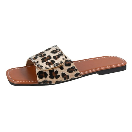 

KI-8jcuD Thick Bottom Flip-Flops Ladies Fashion Summer Leopard Cow Print Suede Square Open Toe Flat Beach Slippers Foldable Slippers for Women Balleri Brown7