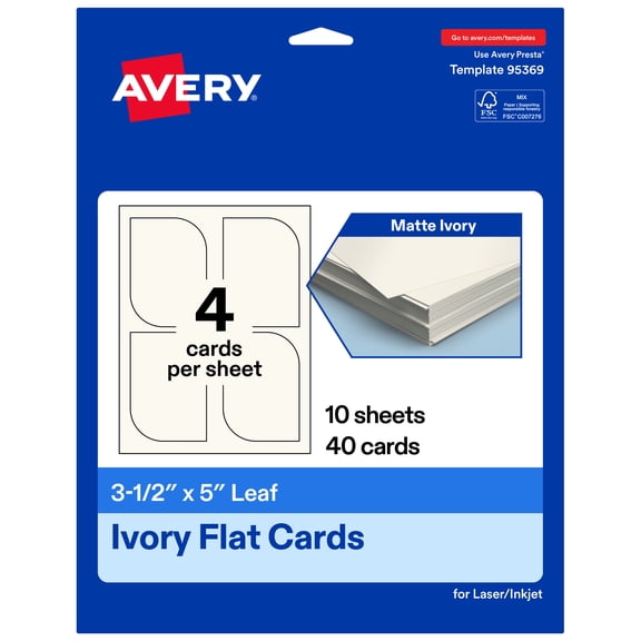 Avery Leaf Flat Cards, 3-1/2" x 5", Matte Ivory, 40 Total