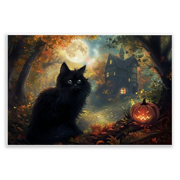 Stupell Industries Black Cat & Haunted Mansion Animals Painting Unframed Art Print Wall Art, 15 x 10