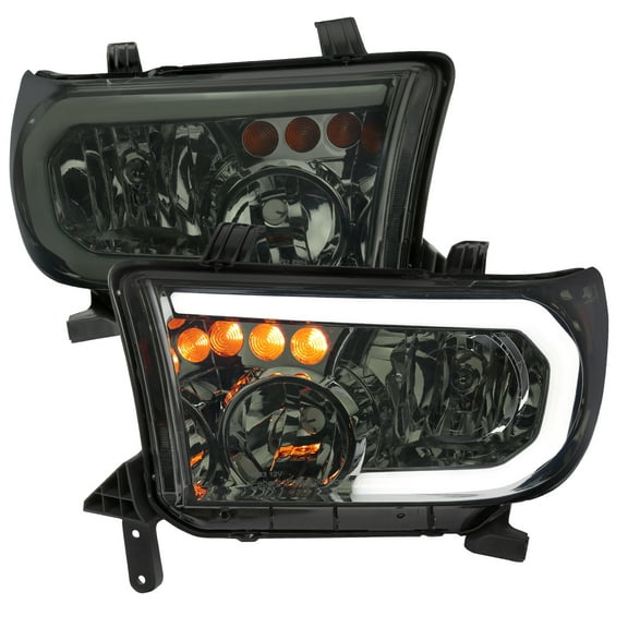 LED Tube Factory Style Headlights with LED Turn Signal (Chrome Housing/Smoke Lens) Made for and Compatible with 2007-2013 Toyota Tundra/2008-2017 Sequoia