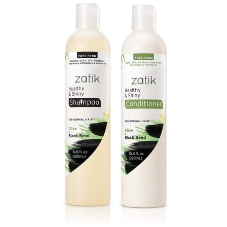 Zatik Naturals - Healthy & Shiny Shampoo and Conditioner Set, with Olive and Black Seed, Vegan, Biodegradable, pH Balanced, FREE from Parabens, fragrances, phthalates & mineral oil, 2 x 10.8 floz