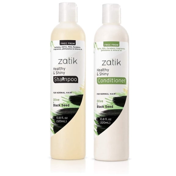 Zatik Naturals - Healthy & Shiny Shampoo and Conditioner Set, with Olive and Black Seed, Vegan, Biodegradable, pH Balanced, FREE from Parabens, fragrances, phthalates & mineral oil, 2 x 10.8 floz