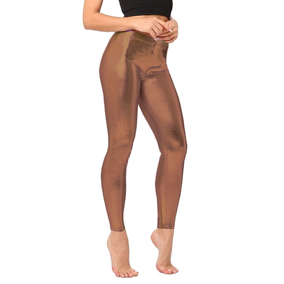 XIAONU Women's Metallic Shiny Leggings High Waist Slim Fit Full Length Tights Stretchy Bold Party Wear Bottoms Bronze