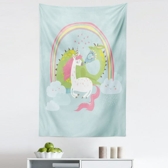 Fantasy Tapestry, Love of Dragon and Unicorn Couple Romance Flirting Cartoon, Fabric Wall Hanging Decor for Bedroom Living Room Dorm, 5 Sizes, Pale Blue Pale Pink, by Ambesonne