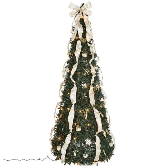 6' Silver & Gold Pull-Up Chrisas Tree by Holiday Peak, Pre-Lit and Fully Decorated, Collapses for Easy Storage