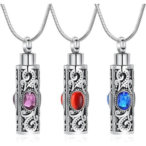 3 Pcs Cylinder Cremation Urn Necklace for Ashes for Women Men Mom, Stainless Steel Birthstone Crystal Cremation Jewelry Heart Memorial Keepsake Pendant
