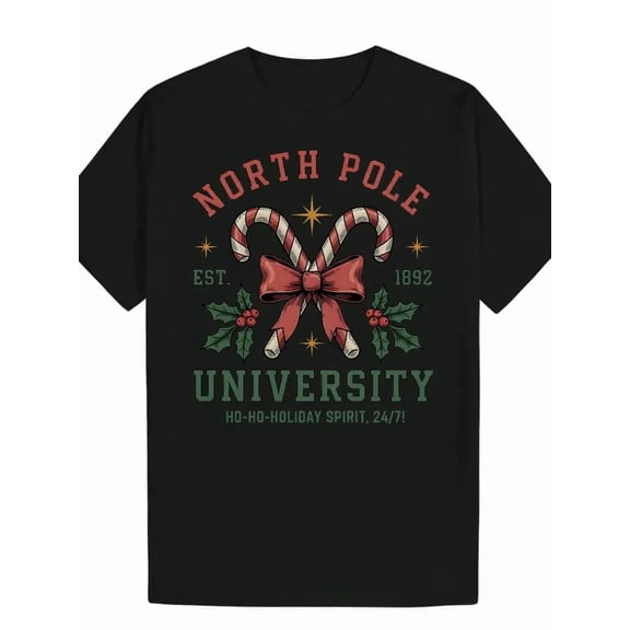 Christmas Candy Cane North Pole University Graphic Xmas Unisex T-Shirt , up to Size 5XL