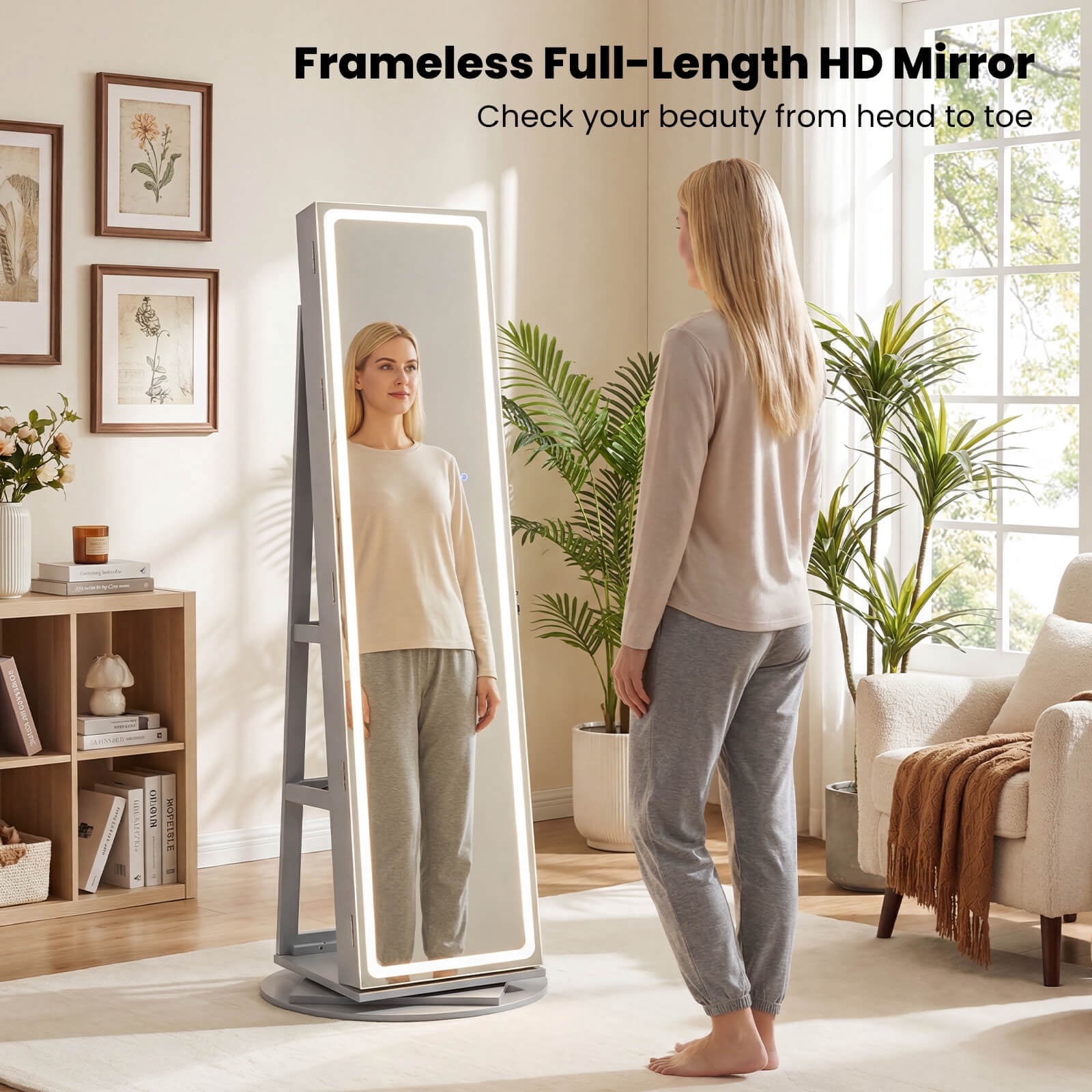 Costway 360° Swivel Jewelry Cabinet with LED Lights, Full-Length Mirror & Makeup Mirror Gray