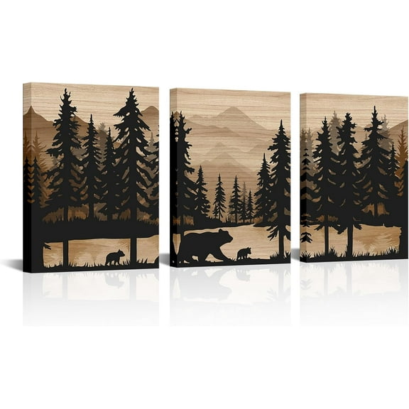 WELMECO Rustic Cabin Decor Bear Wall Art Framed Canvas Art Farmhouse Bedroom Bathroom Living Room Decor 12"x16" x 3Pieces