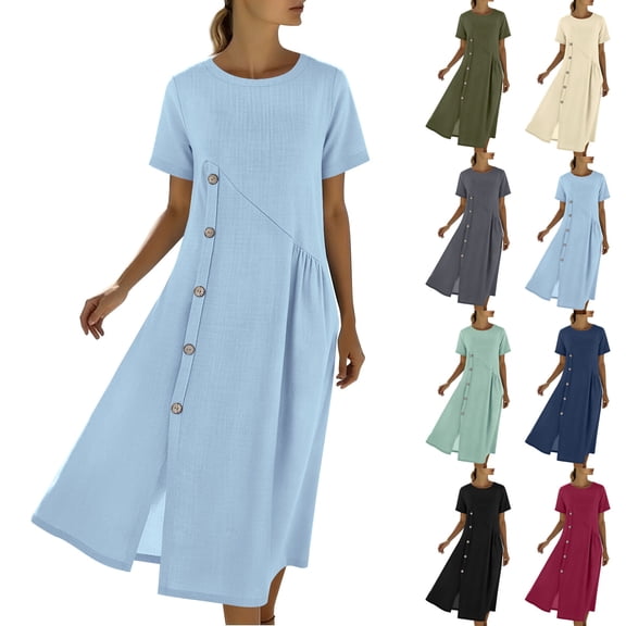 Puntoco Dresses for Women Summer Cotton Linen Solid Gauze Dress Loose Casual Beach Vacation Flowy Midi Dress with Pockets Wine XL(XL)