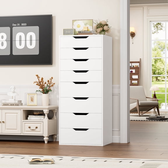 Homfa Compact 8 Drawer Bedroom Dresser for Small Spaces, Wood Tall Chest of Drawer, White