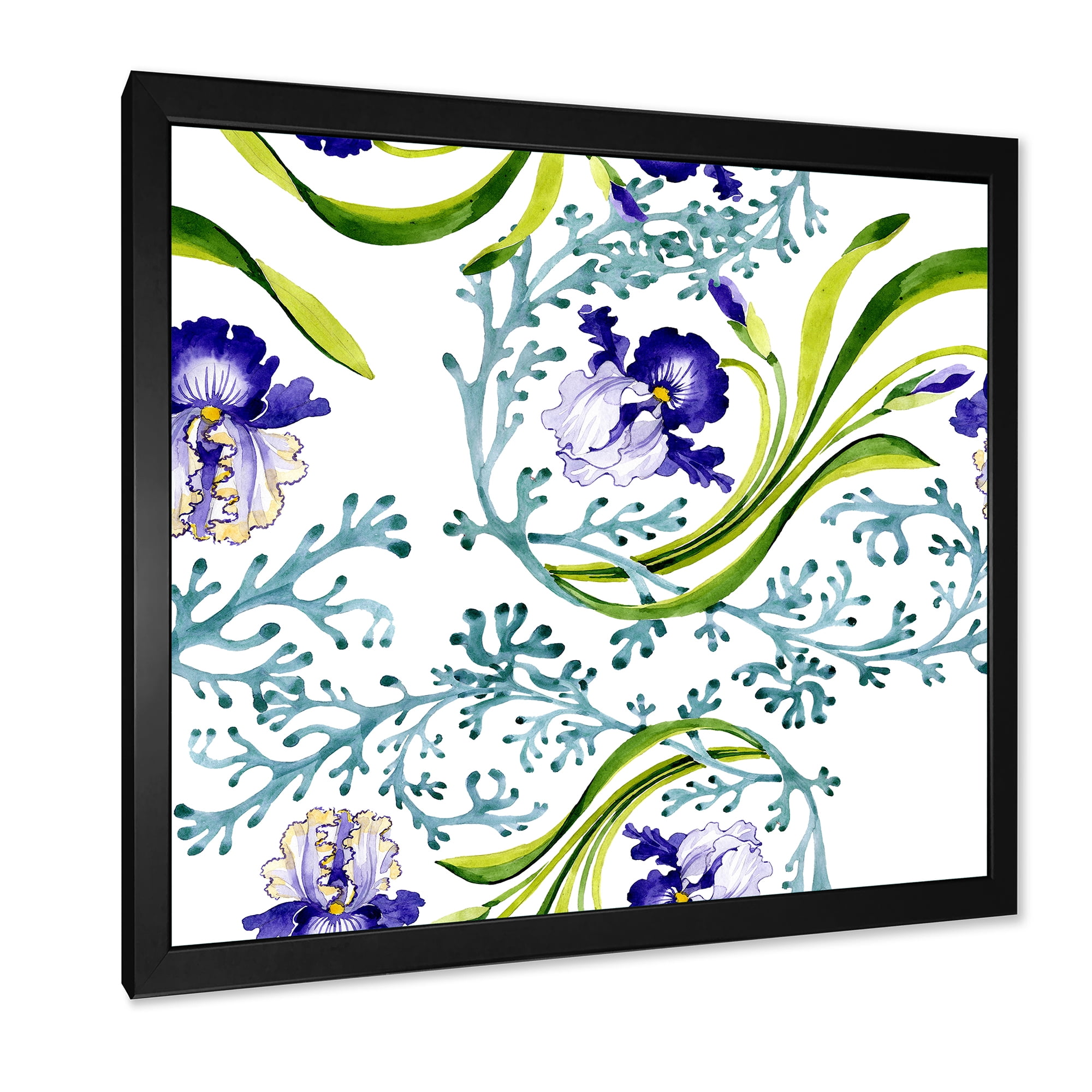 Abstract Blue Iris With Wild Spring Leaves 30 in x 30 in Framed Painting Canvas Art Print, by Designart