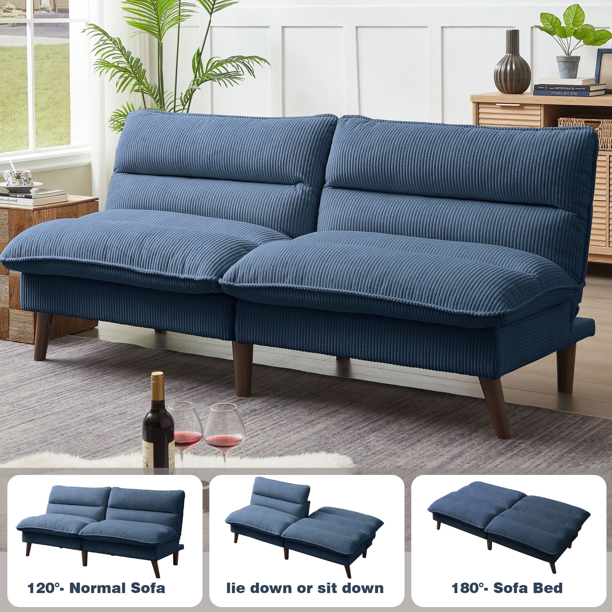 Jarenie Chireca 72" Futon Sofa Bed, Convertible Futon Couch with Adjustable Backrest, Modern Corduroy Futon Sleeper Sofa for Small Spaces, Living Room, Office, Blue