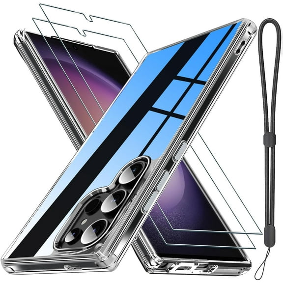 Heavy Duty Clear Phone Case Designed for Samsung Galaxy S24 Ultra Transparent Case with 2 Tempered Glass Screen Protector, Shockproof Dropproof Slim Clear Case for Samsung Galaxy S24 Ultra