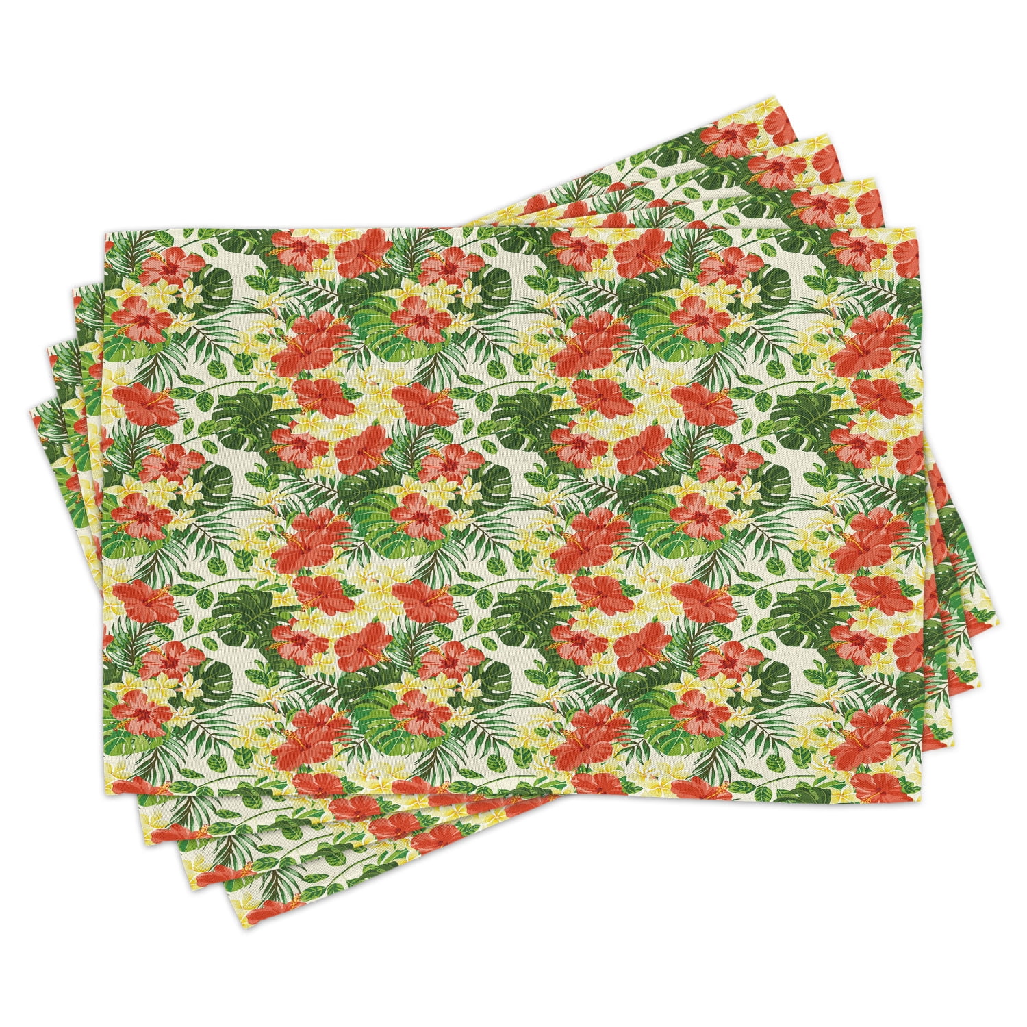 Tropical Placemats Set of 4 Exotic Pattern with Plumeria Hibiscus Monstera Palm Flowers and
