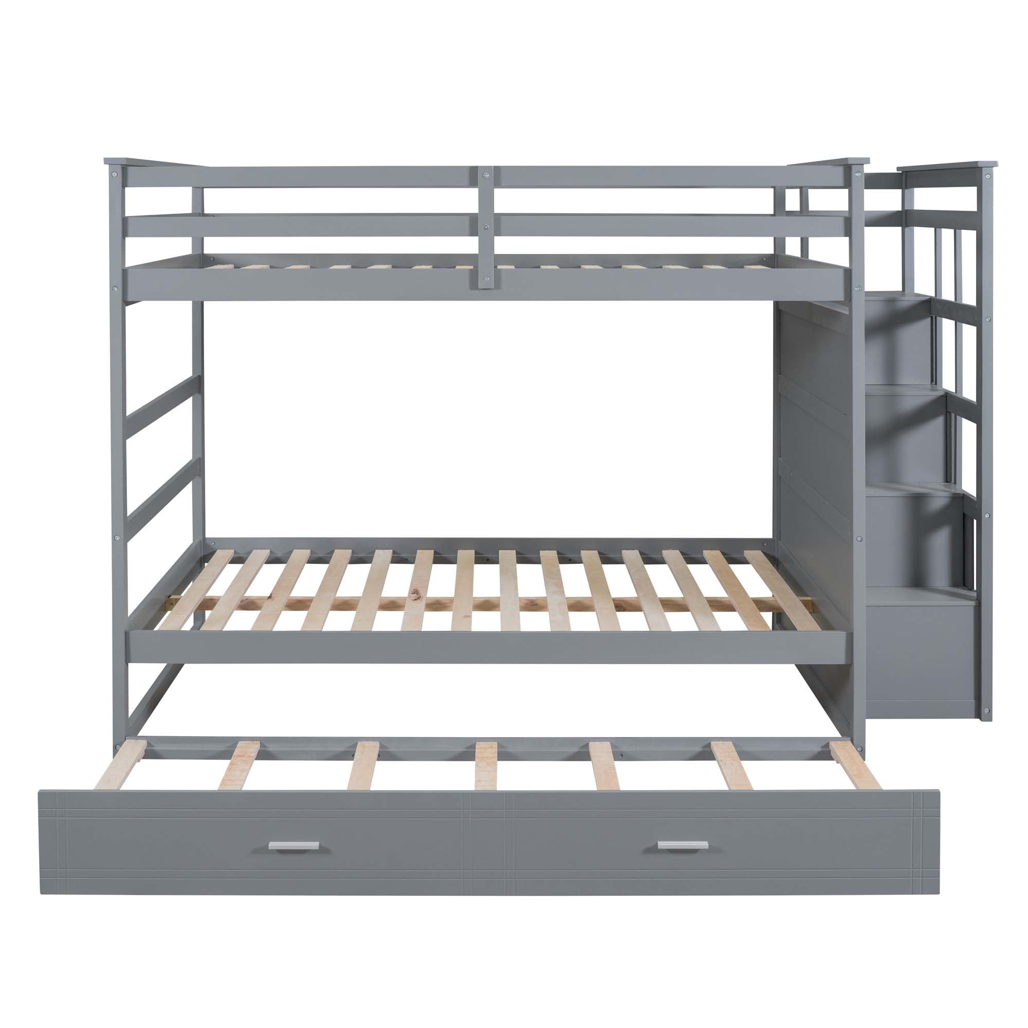 Aukfa Full over Full Bunk Bed with Trundle and Staircase, Wood Bunk Bed with 4 Storage Drawers for Kids, Teens - Gray