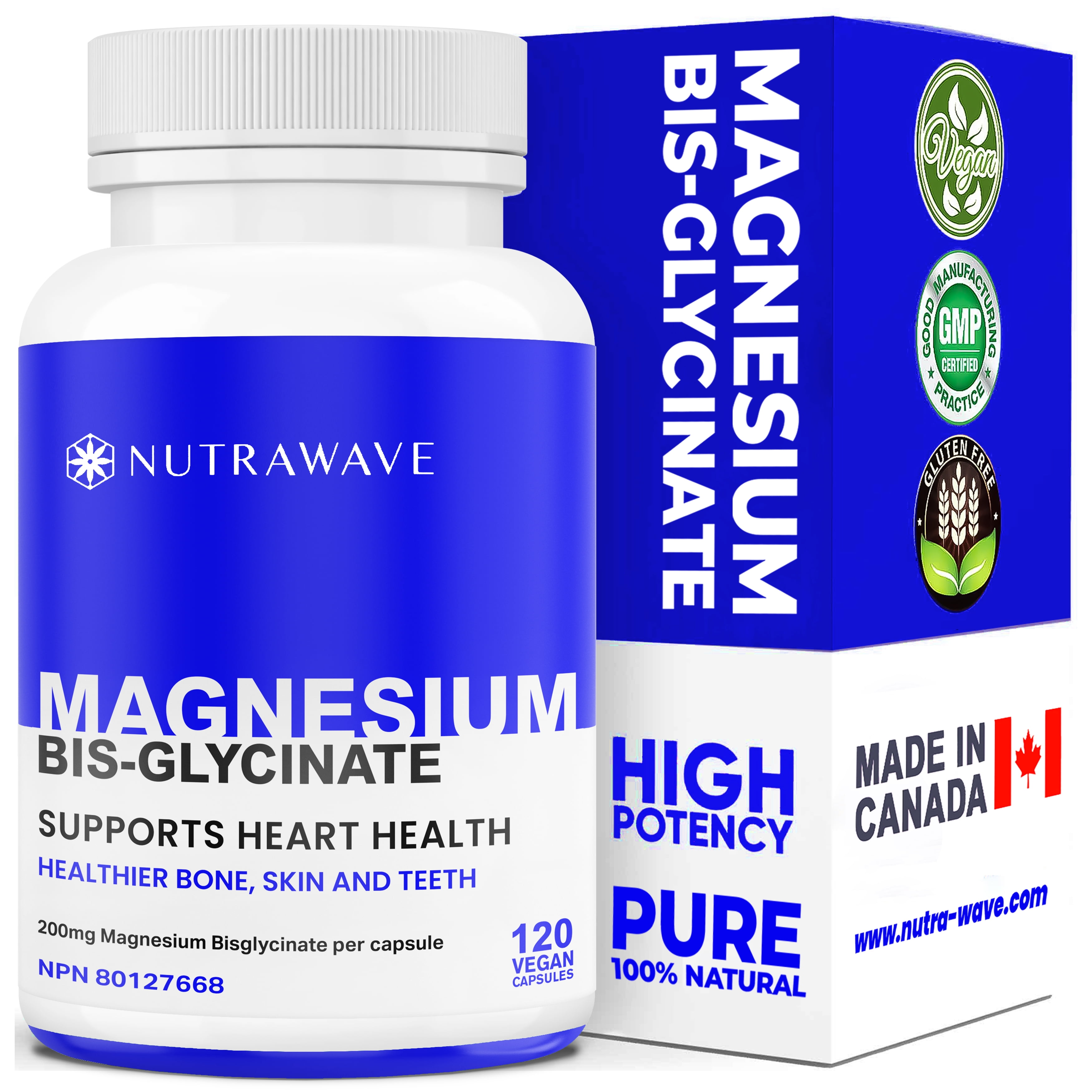Nutrawave Nutrawave Magnesium Bisglycinate 200 mg, 120 Vegan Capsules, Sleep and Calm Support, Muscle, Bone and Heart Health, Non-GMO, Gluten-Free